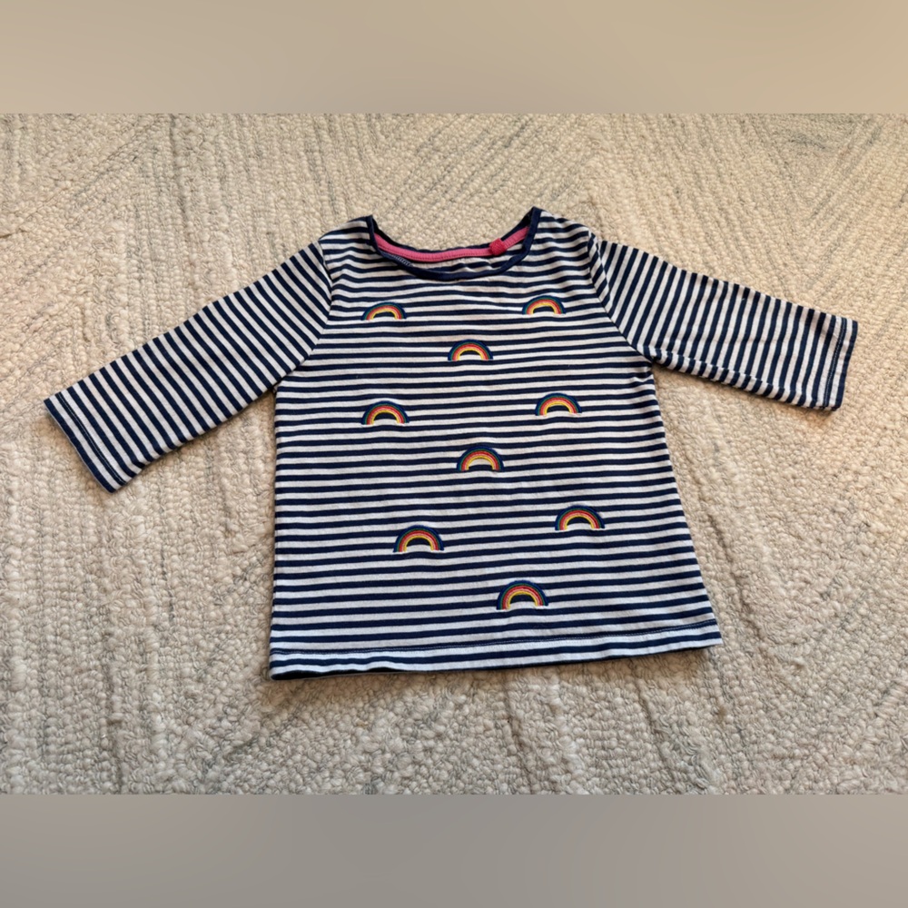 Mini Boden Girls Striped Tee Rainbow Appliqué Blue White Stripes Size 3-4Y